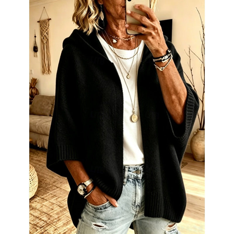 Women's Hooded Open Front Ribbed Knit Sweater Cardigan