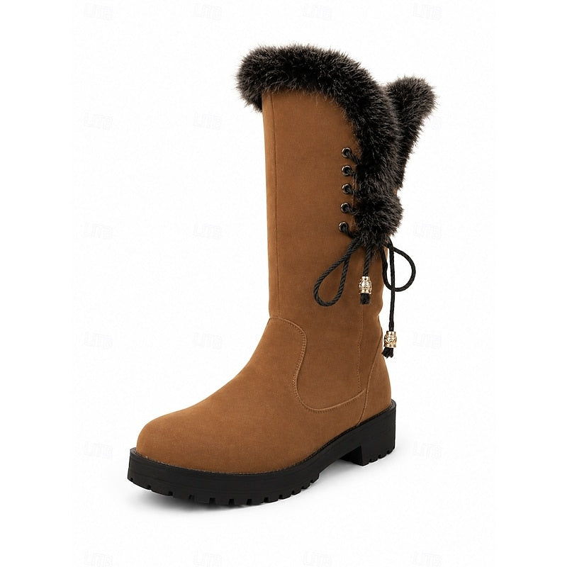 Women's Knee High Lug Sole Block Heel Faux Fur Winter Boots