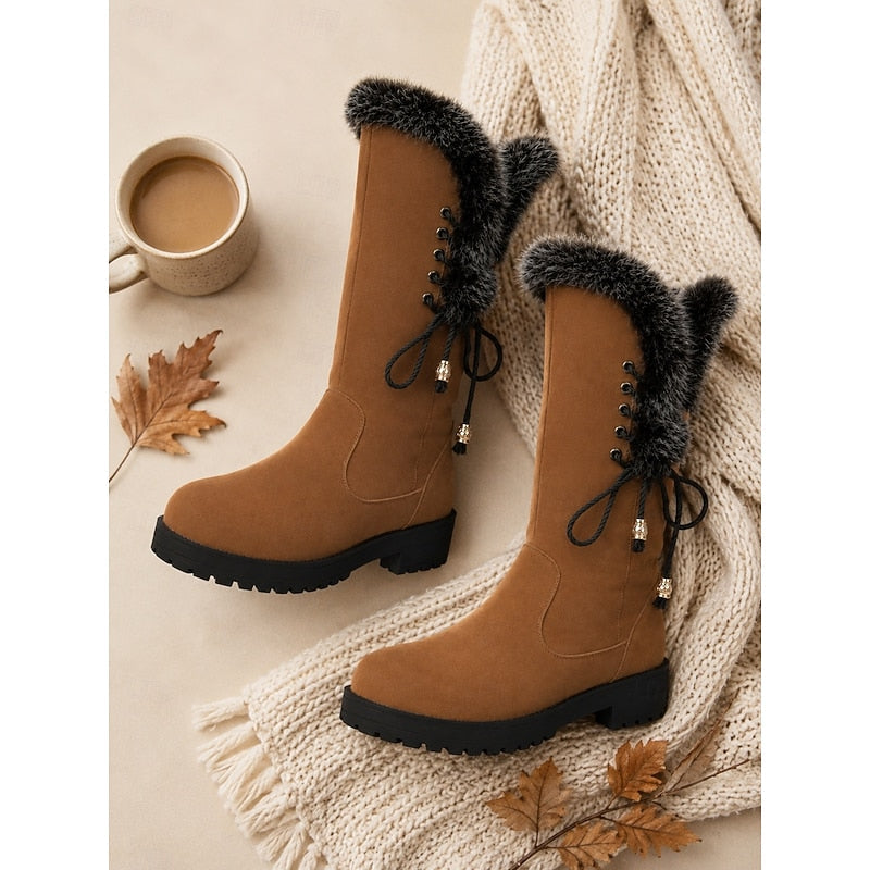 Women's Knee High Lug Sole Block Heel Faux Fur Winter Boots