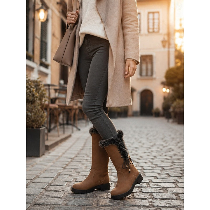 Women's Knee High Lug Sole Block Heel Faux Fur Winter Boots