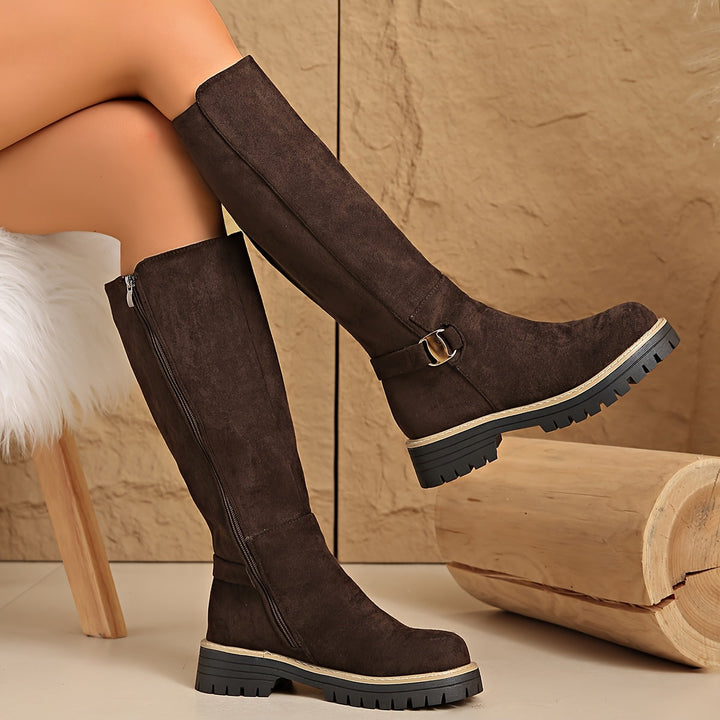 Women's Knee High Suede Side Zip Block Heel Boots