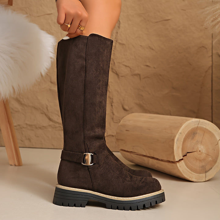 Women's Knee High Suede Side Zip Block Heel Boots