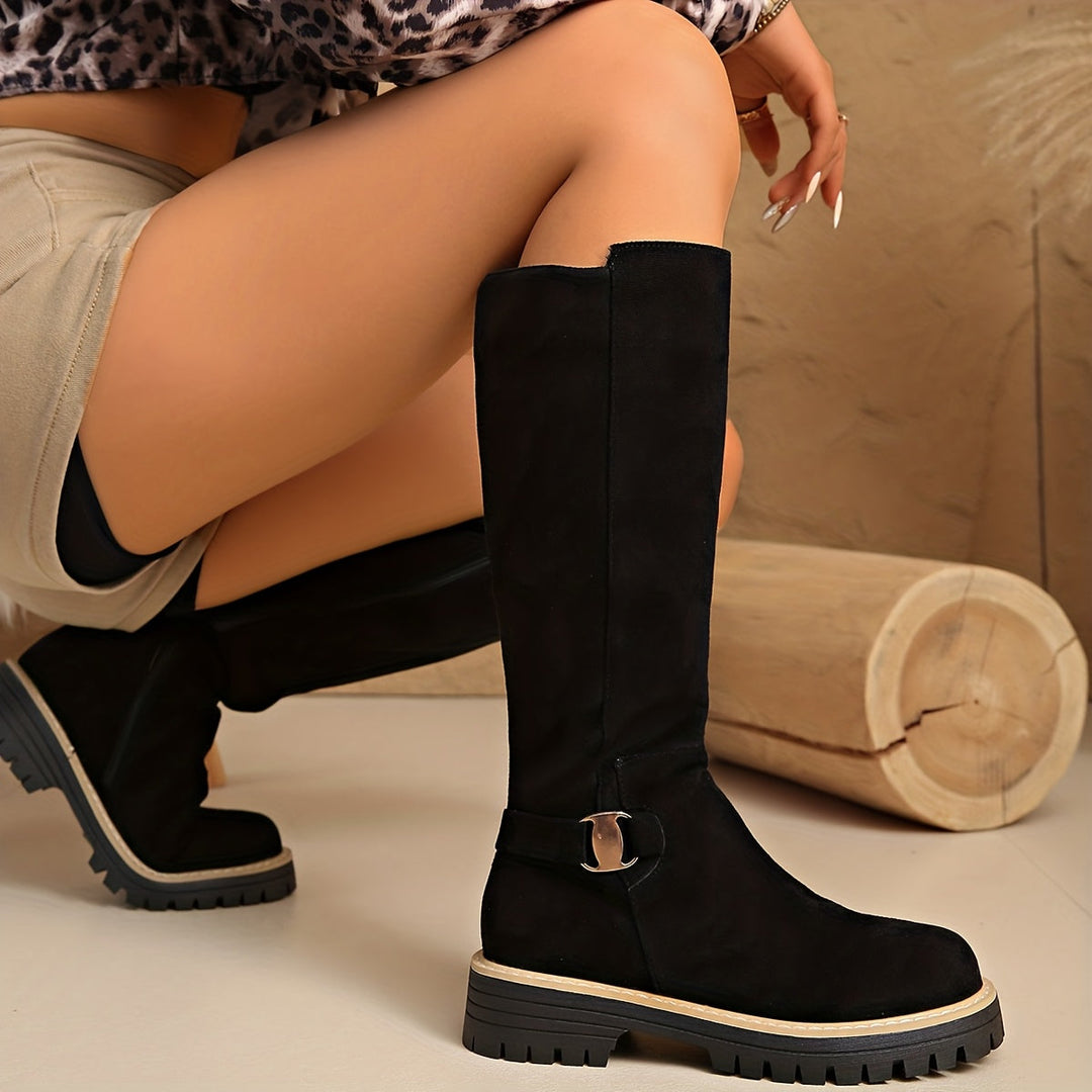 Women's Knee High Suede Side Zip Block Heel Boots