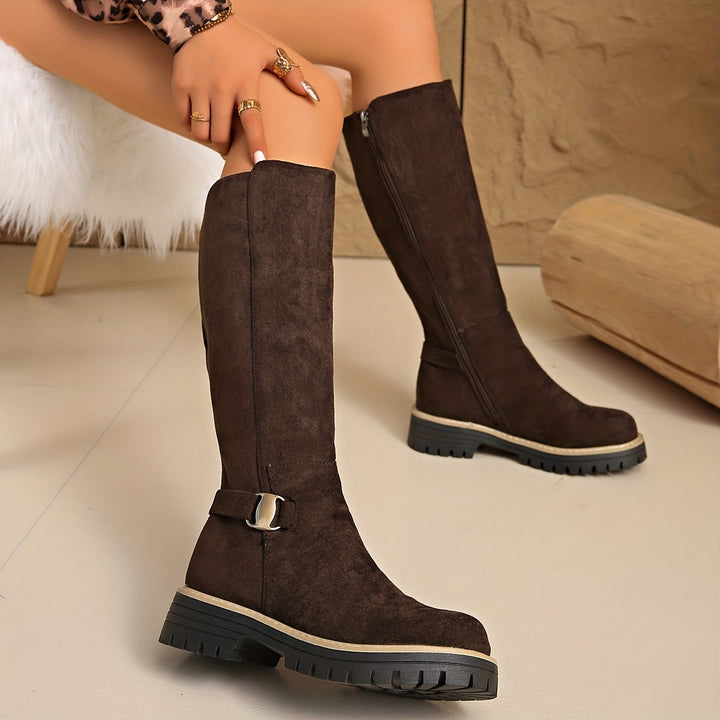 Women's Knee High Suede Side Zip Block Heel Boots