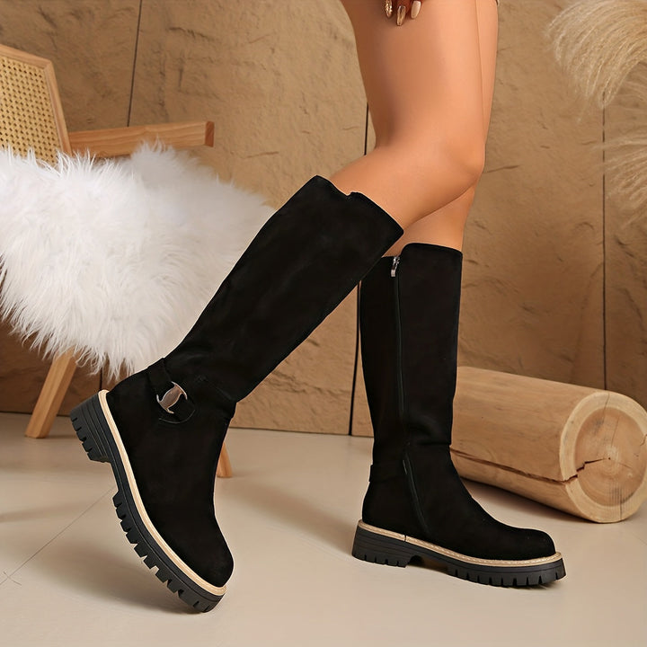 Women's Knee High Suede Side Zip Block Heel Boots