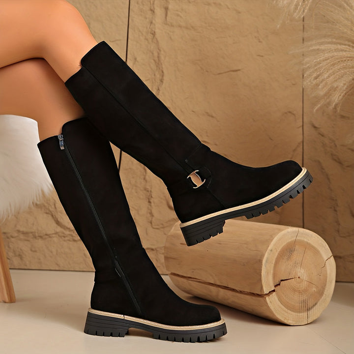 Women's Knee High Suede Side Zip Block Heel Boots