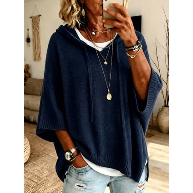 Women's Knit 3/4 Sleeve Relaxed Hooded Pullover Sweater