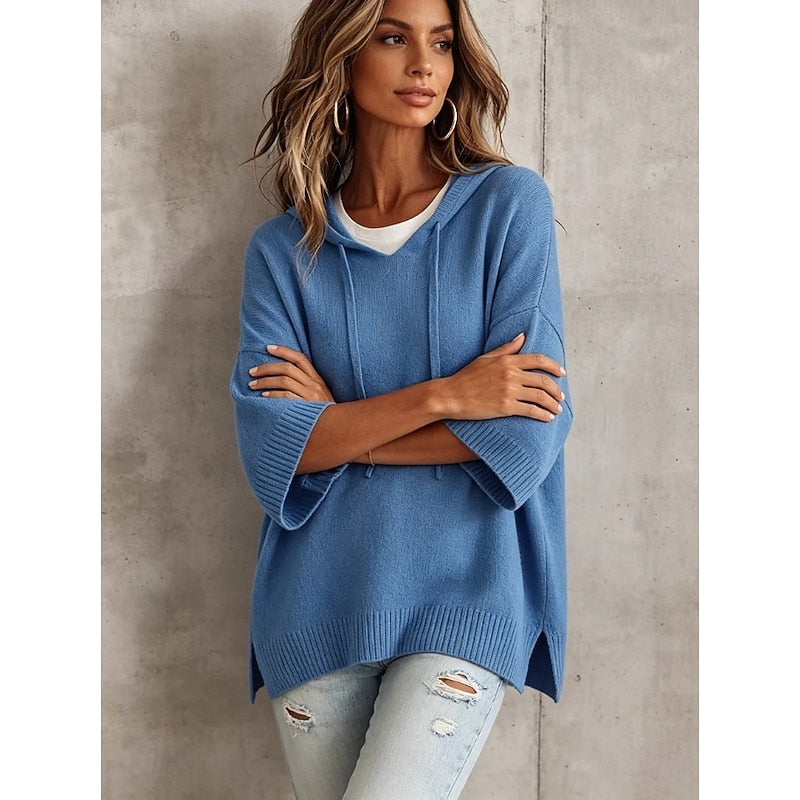 Women's Knit 3/4 Sleeve Relaxed Hooded Pullover Sweater