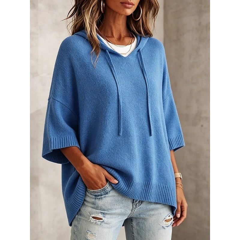 Women's Knit 3/4 Sleeve Relaxed Hooded Pullover Sweater