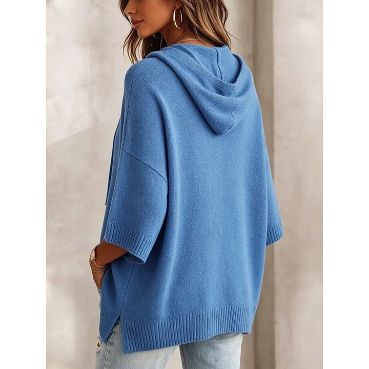 Women's Knit 3/4 Sleeve Relaxed Hooded Pullover Sweater