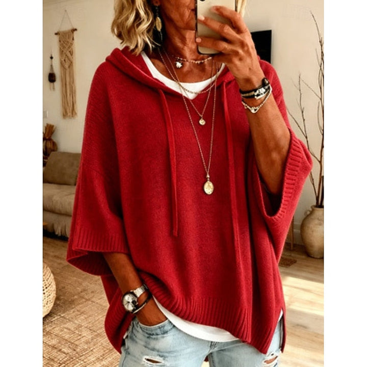 Women's Knit 3/4 Sleeve Relaxed Hooded Pullover Sweater