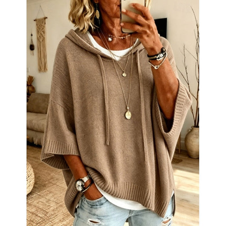 Women's Knit 3/4 Sleeve Relaxed Hooded Pullover Sweater