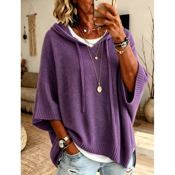Women's Knit 3/4 Sleeve Relaxed Hooded Pullover Sweater