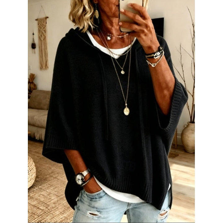 Women's Knit 3/4 Sleeve Relaxed Hooded Pullover Sweater