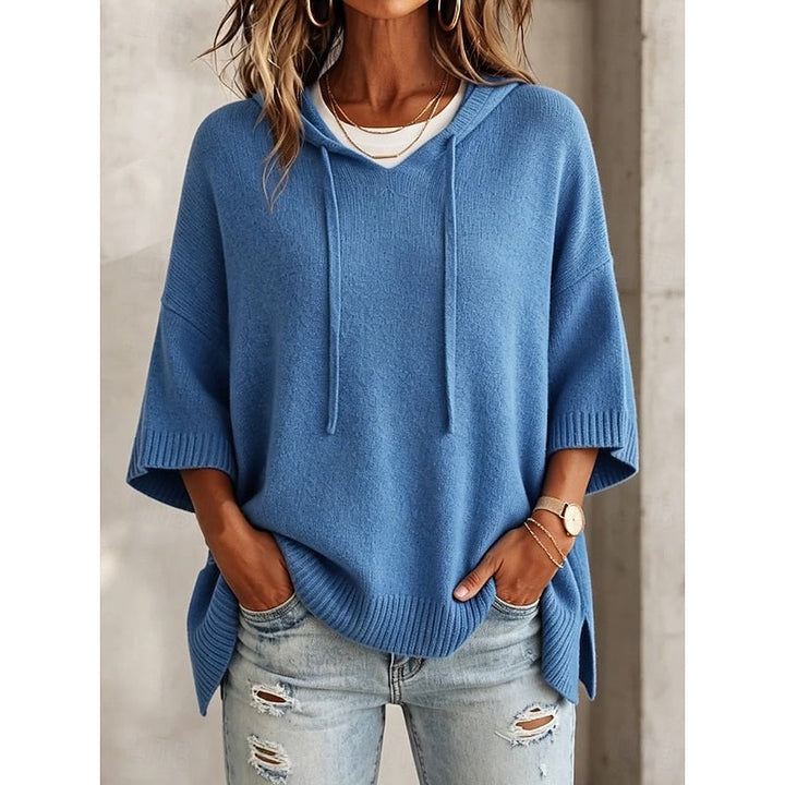 Women's Knit 3/4 Sleeve Relaxed Hooded Pullover Sweater