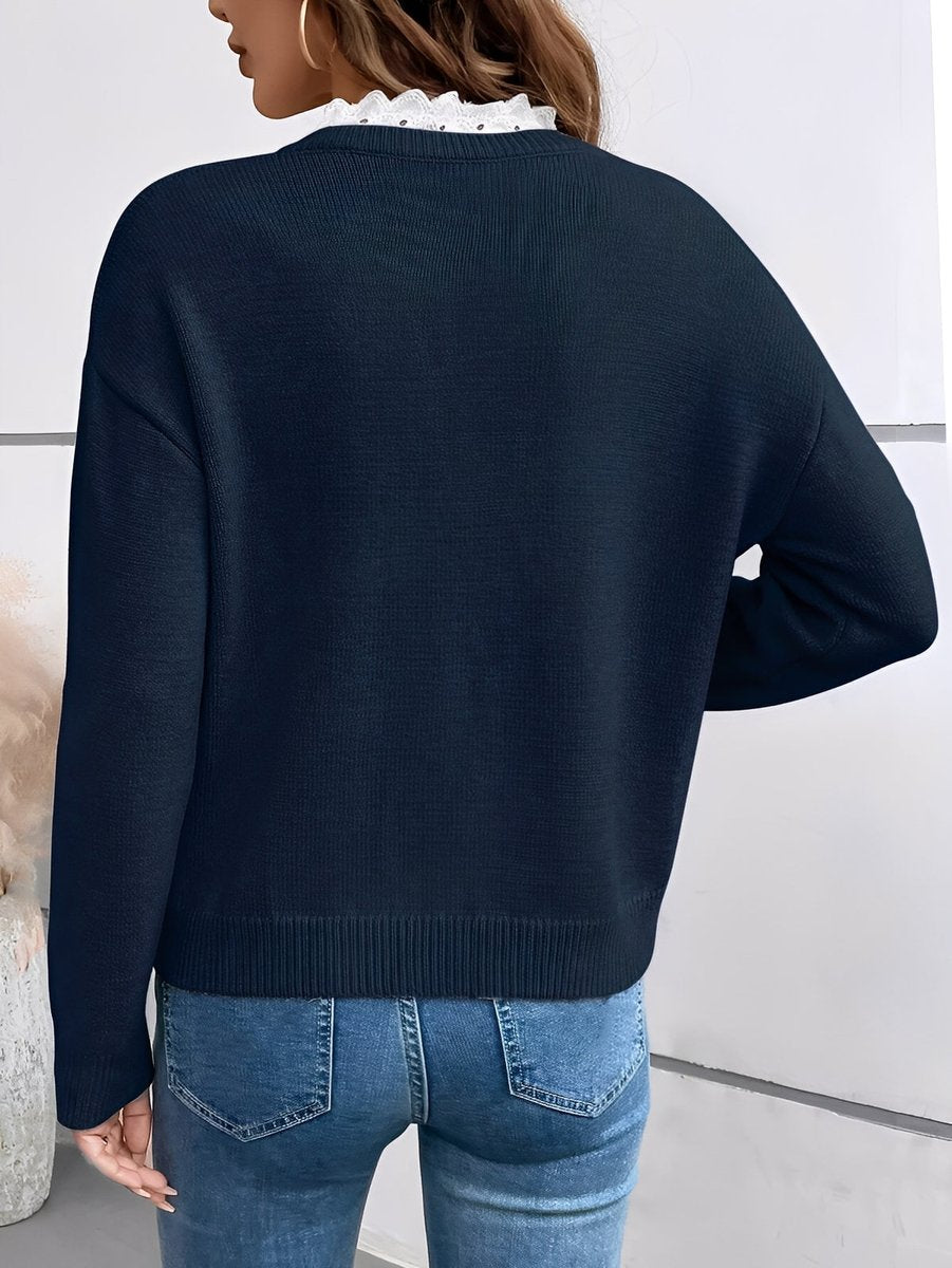 Women's Lace Trim V Neck Ribbed Knit Pullover Sweater