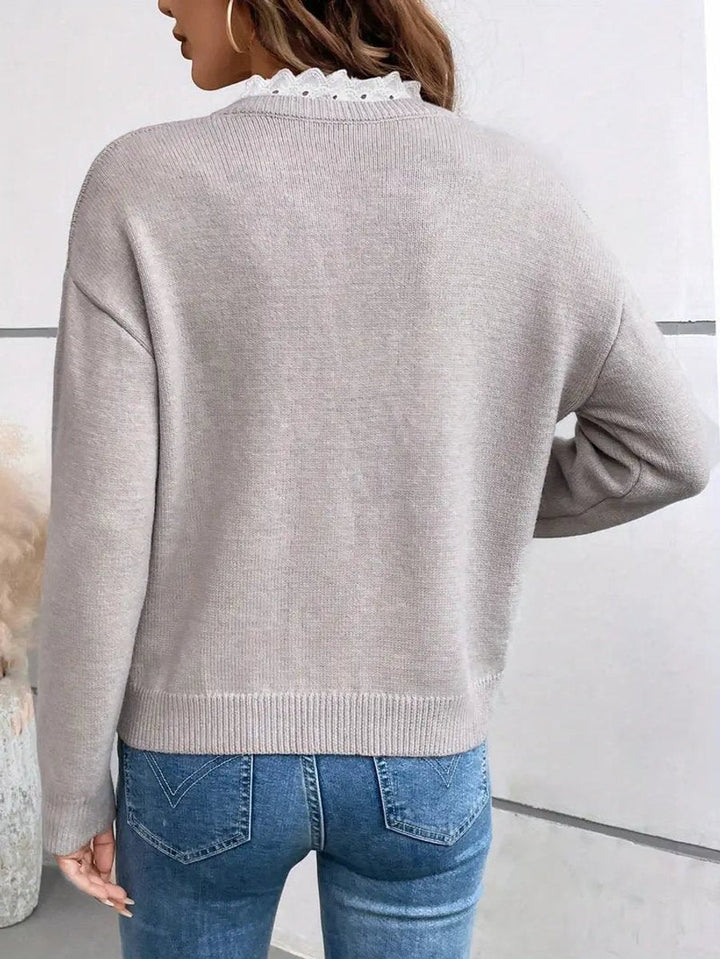 Women's Lace Trim V Neck Ribbed Knit Pullover Sweater