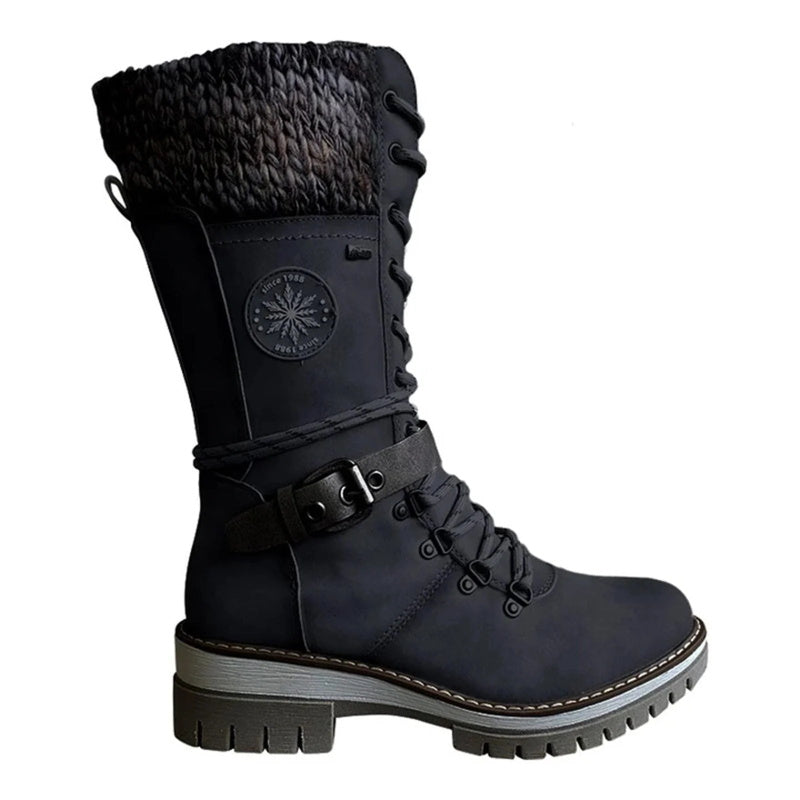 Women's Lace Up Knit Cuff Lug Sole Mid Calf Winter Boots