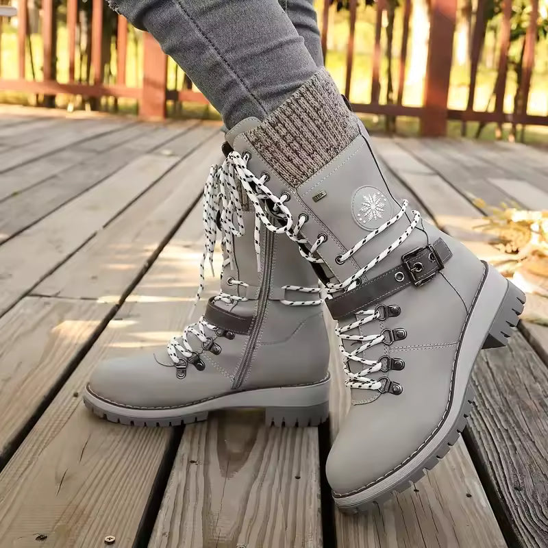 Women's Lace Up Knit Cuff Lug Sole Mid Calf Winter Boots