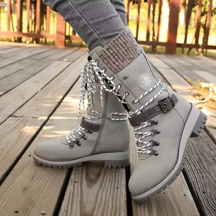 Women's Lace Up Knit Cuff Lug Sole Mid Calf Winter Boots