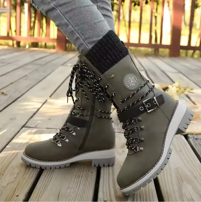 Women's Lace Up Knit Cuff Lug Sole Mid Calf Winter Boots