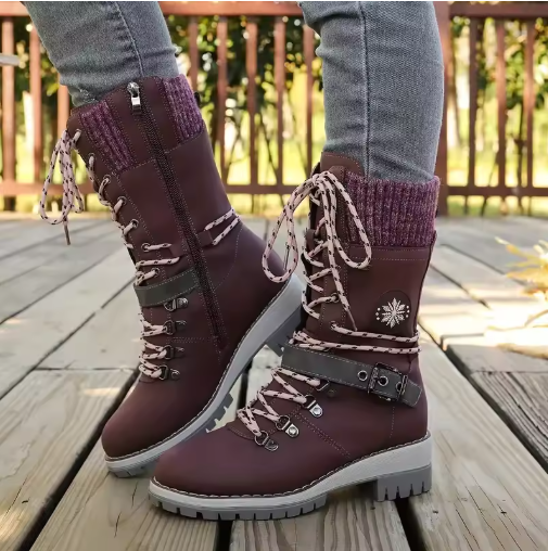 Women's Lace Up Knit Cuff Lug Sole Mid Calf Winter Boots