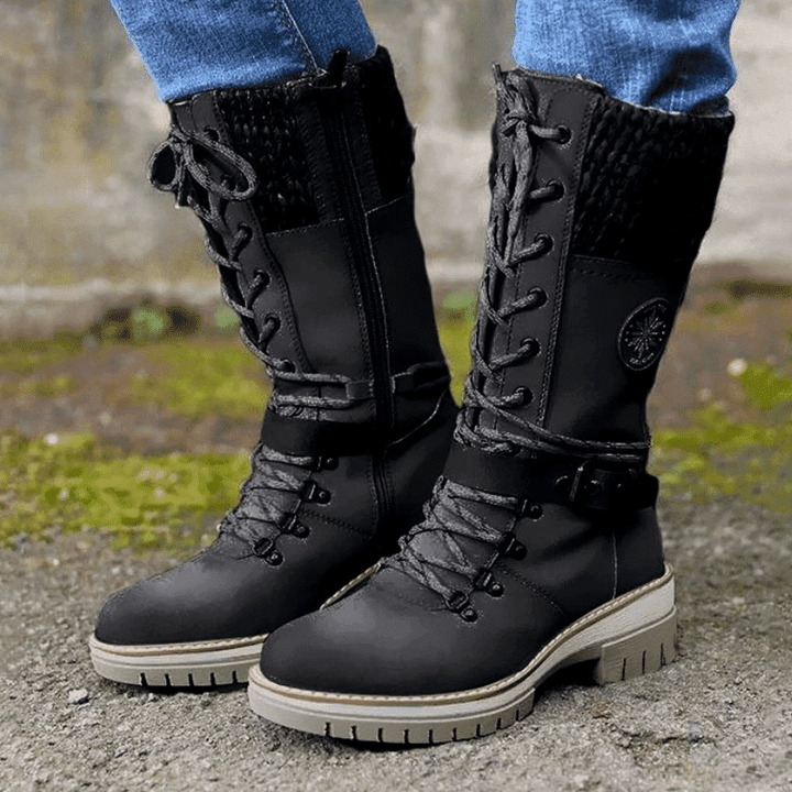 Women's Lace Up Knit Cuff Lug Sole Mid Calf Winter Boots