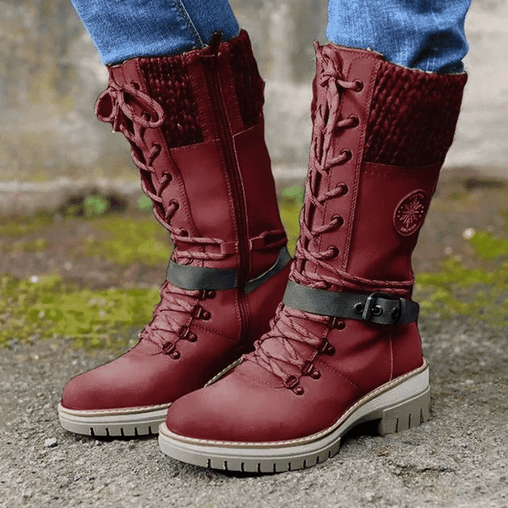 Women's Lace Up Knit Cuff Lug Sole Mid Calf Winter Boots