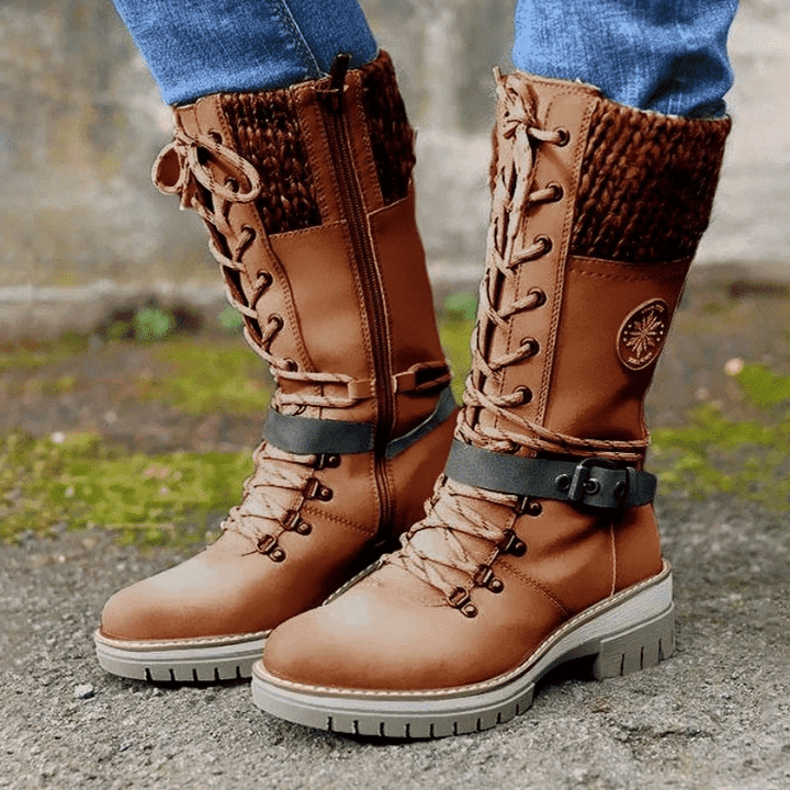 Women's Lace Up Knit Cuff Lug Sole Mid Calf Winter Boots