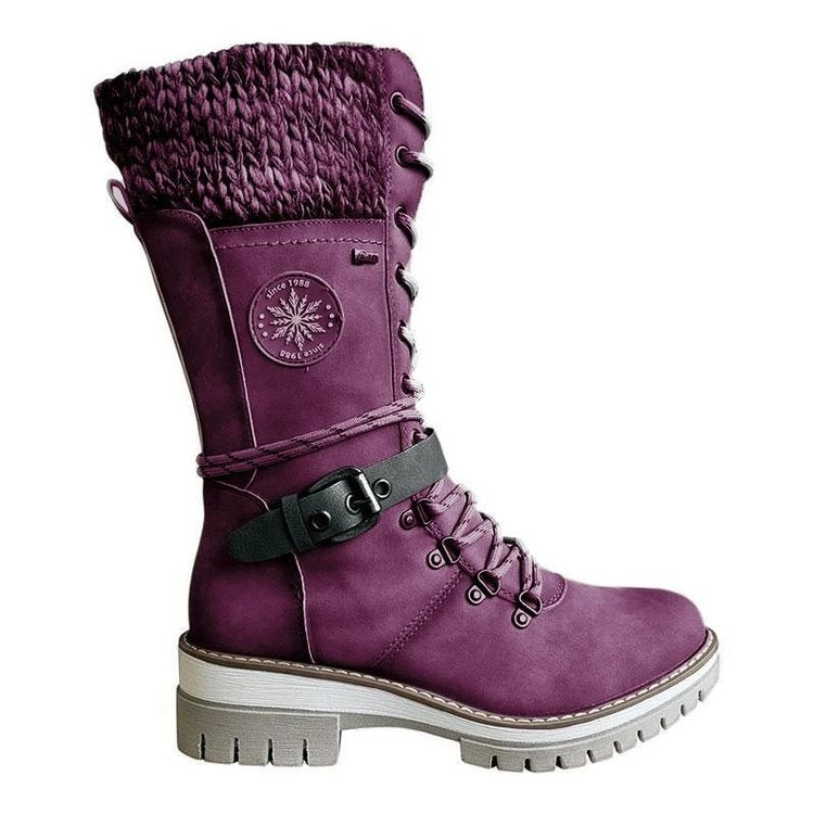 Women's Lace Up Knit Cuff Lug Sole Mid Calf Winter Boots