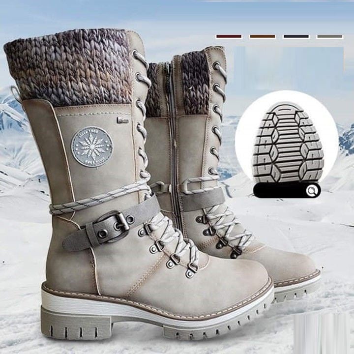 Women's Lace Up Knit Cuff Lug Sole Mid Calf Winter Boots