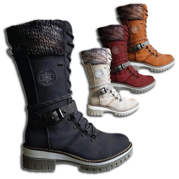 Women's Lace Up Knit Cuff Lug Sole Mid Calf Winter Boots