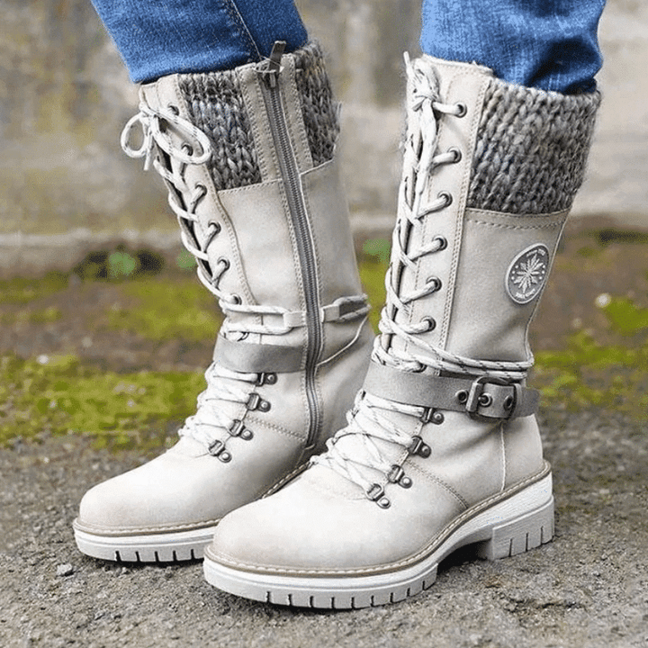 Women's Lace Up Knit Cuff Lug Sole Mid Calf Winter Boots