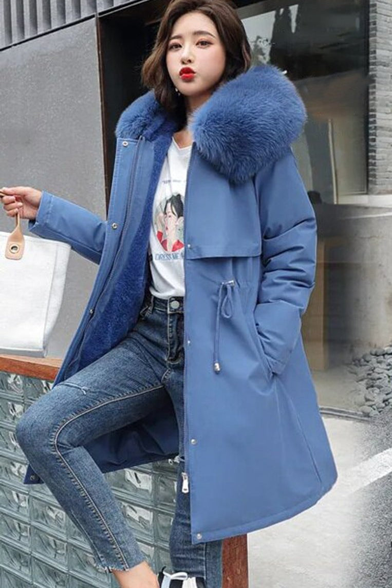 Women's Long Faux Fur Collar Hooded Winter Parka