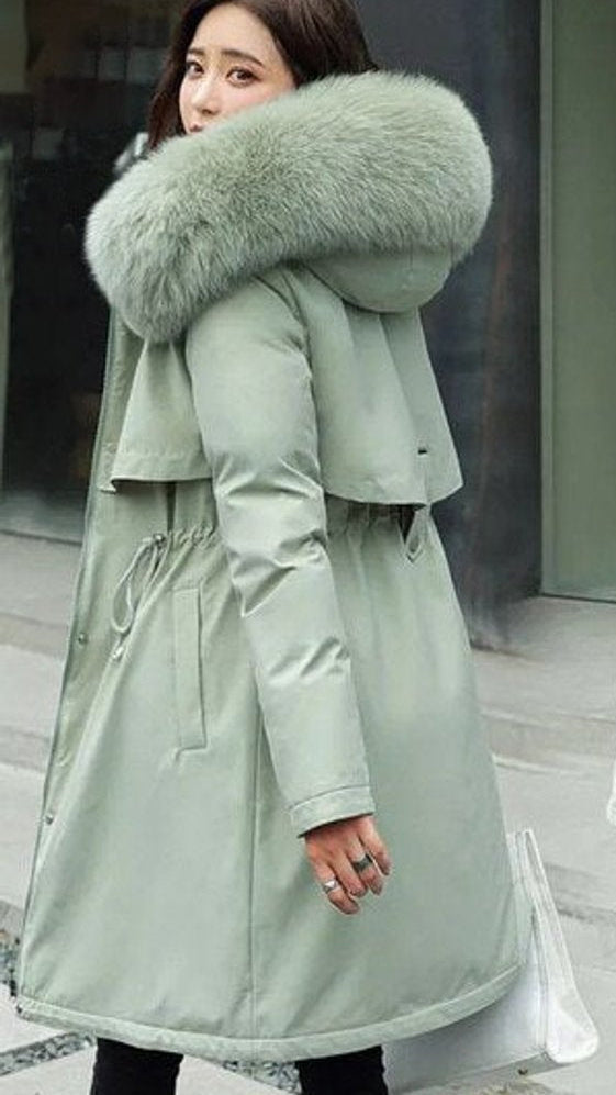 Women's Long Faux Fur Collar Hooded Winter Parka