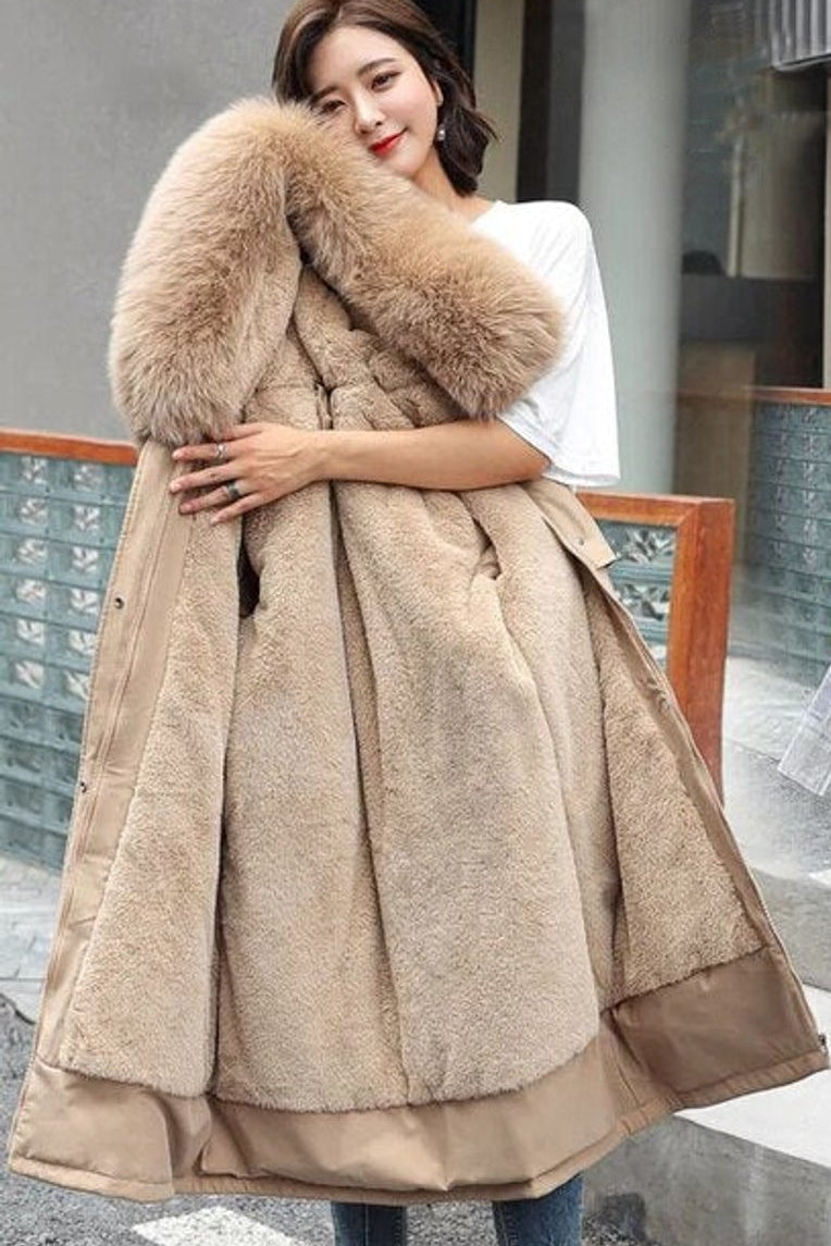 Women's Long Faux Fur Collar Hooded Winter Parka