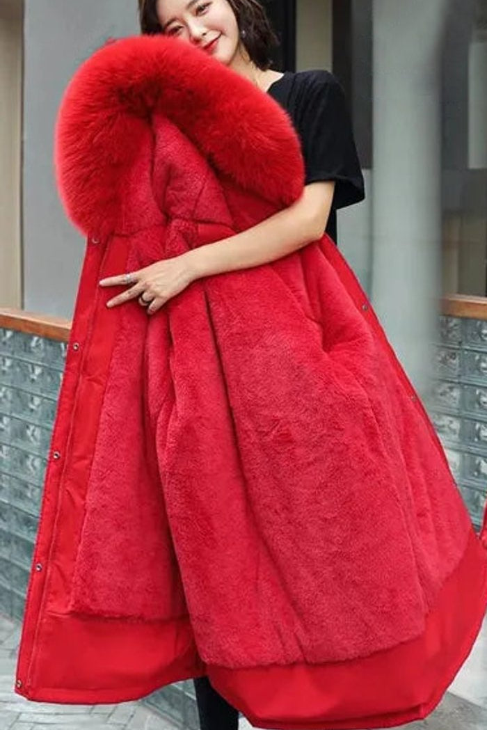 Women's Long Faux Fur Collar Hooded Winter Parka