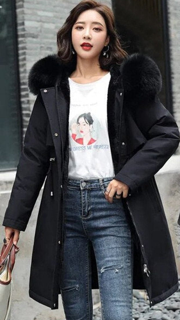 Women's Long Faux Fur Collar Hooded Winter Parka
