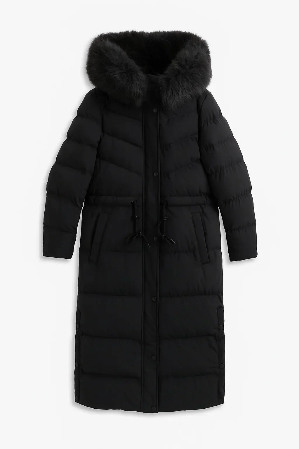 Women's Long Quilted Faux Fur Hooded Winter Coat