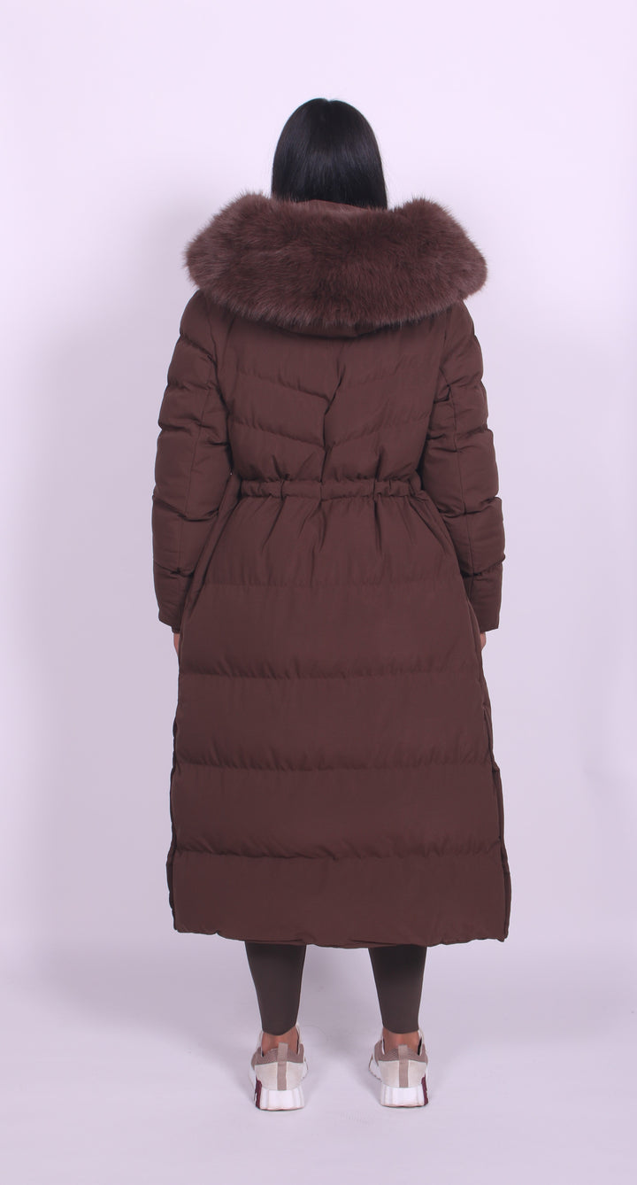 Women's Long Quilted Faux Fur Hooded Winter Coat