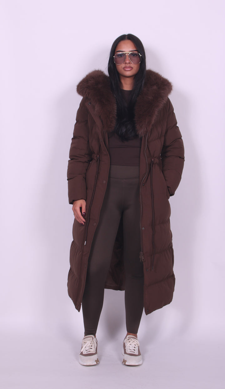 Women's Long Quilted Faux Fur Hooded Winter Coat