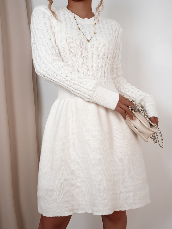 Women's Long Sleeve Cable Knit A-Line Mini Sweater Dress