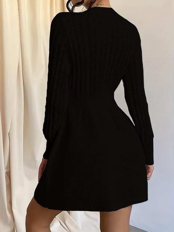 Women's Long Sleeve Cable Knit A-Line Mini Sweater Dress