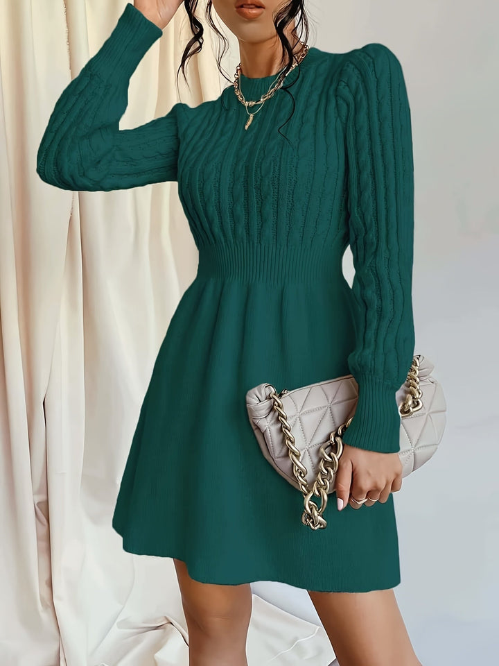 Women's Long Sleeve Cable Knit A-Line Mini Sweater Dress
