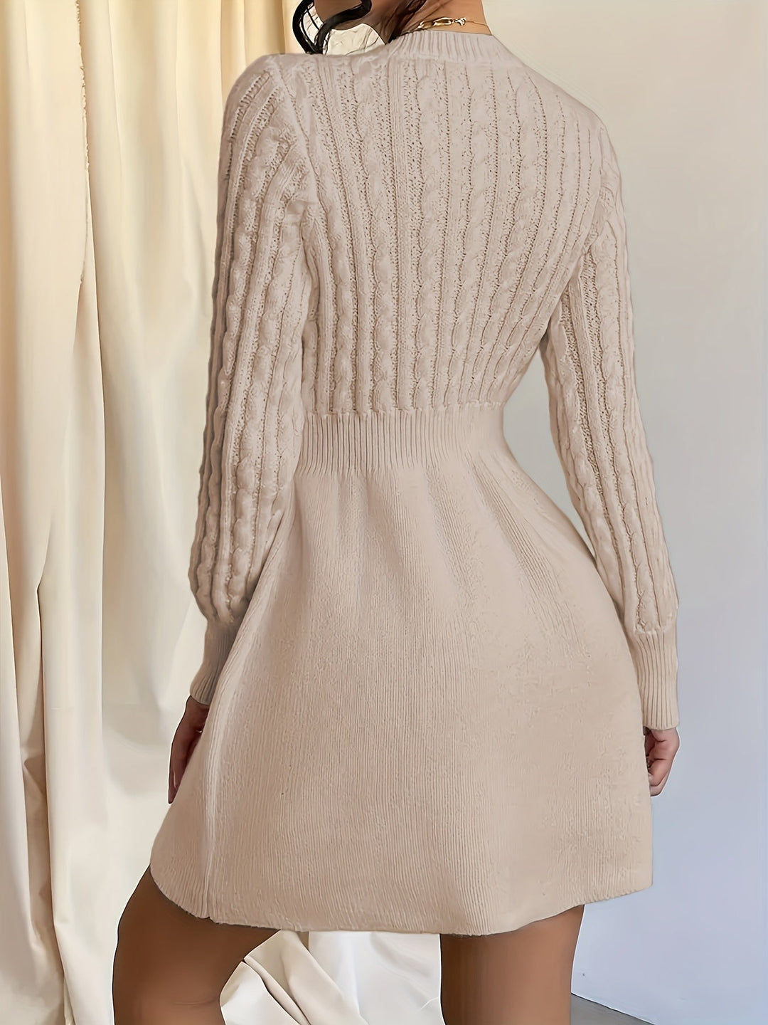 Women's Long Sleeve Cable Knit A-Line Mini Sweater Dress