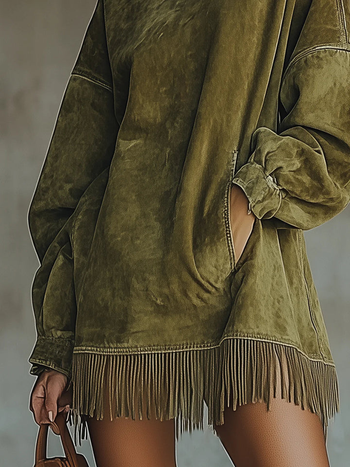 Women's Mock Neck Fringe Hem Mini Knit Sweater Dress