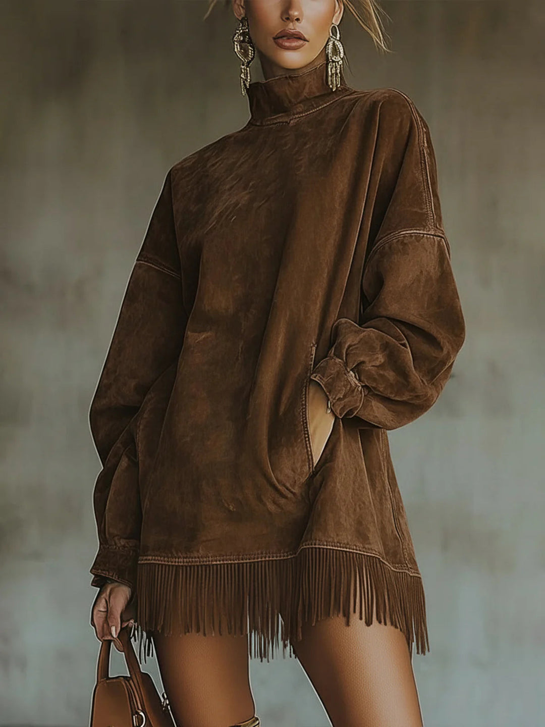 Women's Mock Neck Fringe Hem Mini Knit Sweater Dress