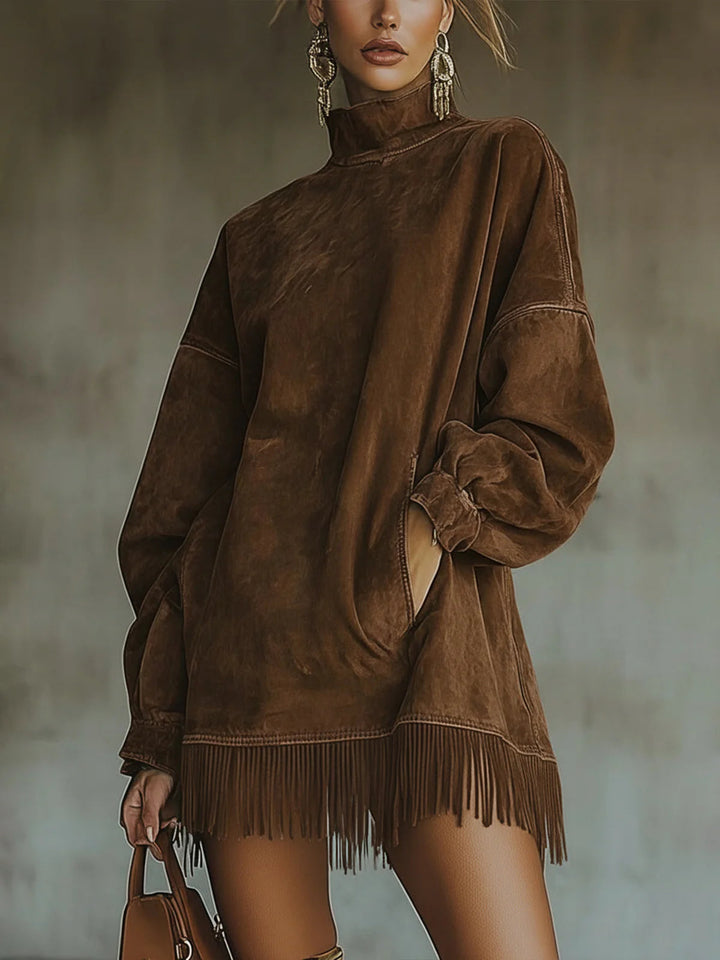 Women's Mock Neck Fringe Hem Mini Knit Sweater Dress