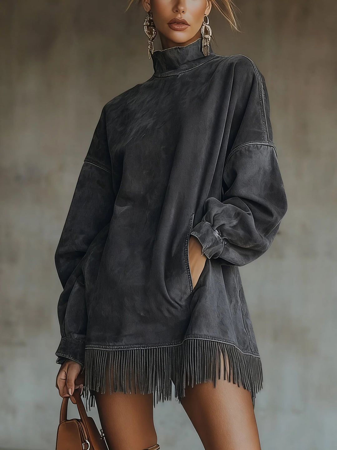Women's Mock Neck Fringe Hem Mini Knit Sweater Dress
