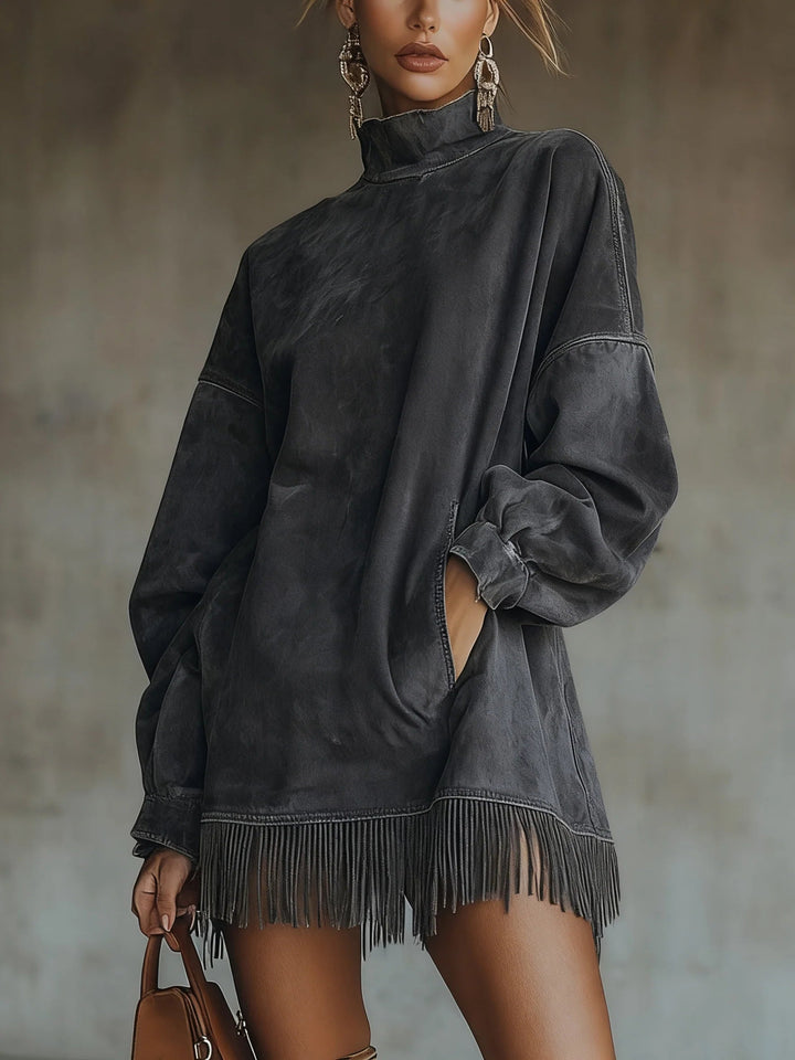 Women's Mock Neck Fringe Hem Mini Knit Sweater Dress